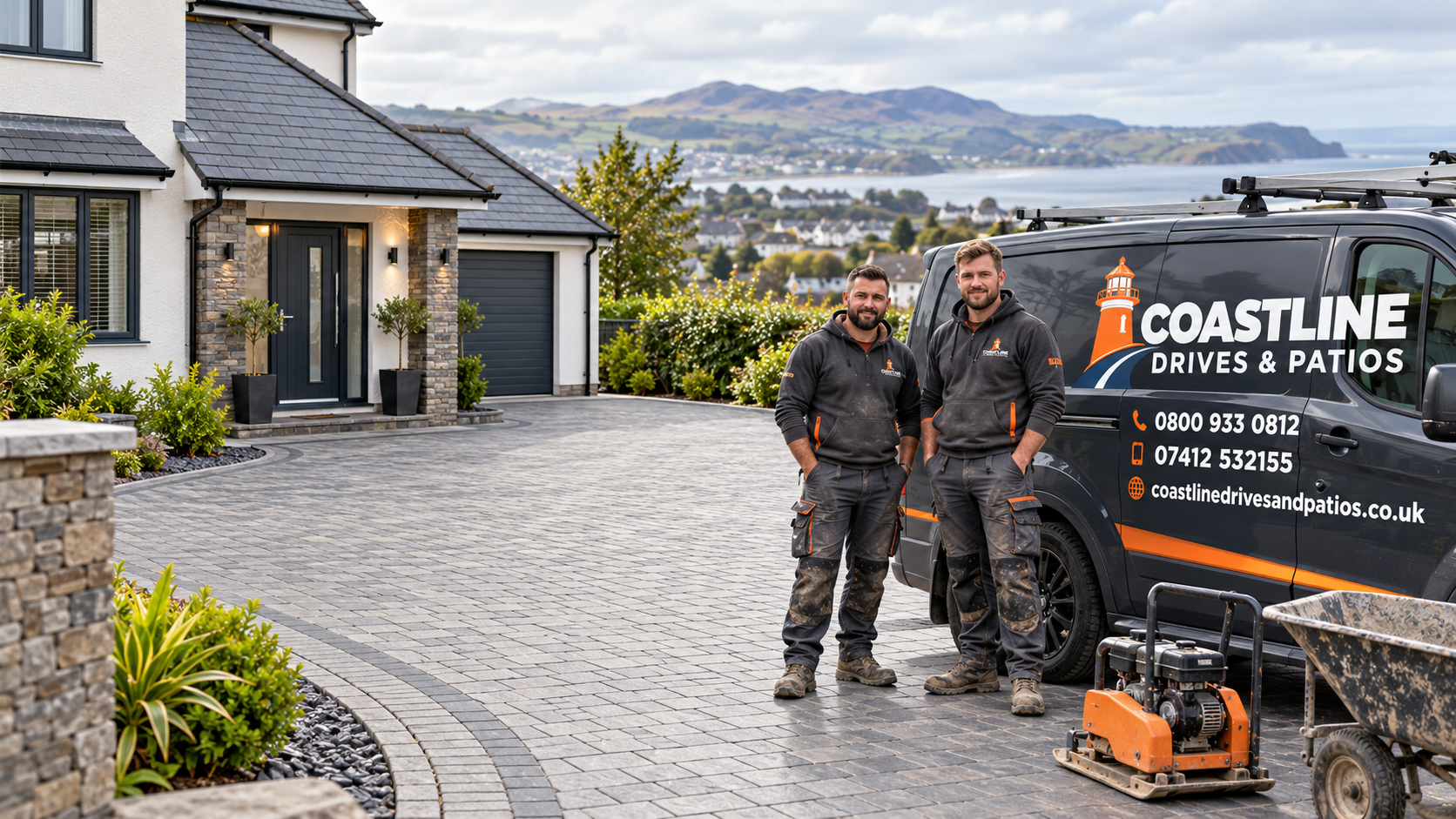 Block paved driveway with Coastline branded workwear and van