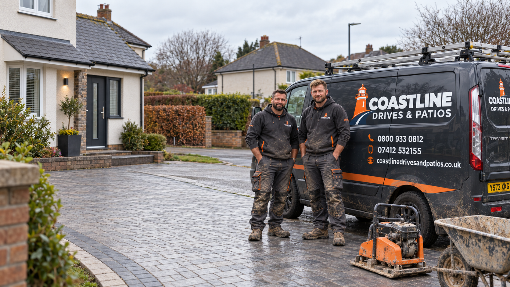 Coastline branded vehicle and workwear illustration on a North Wales style driveway