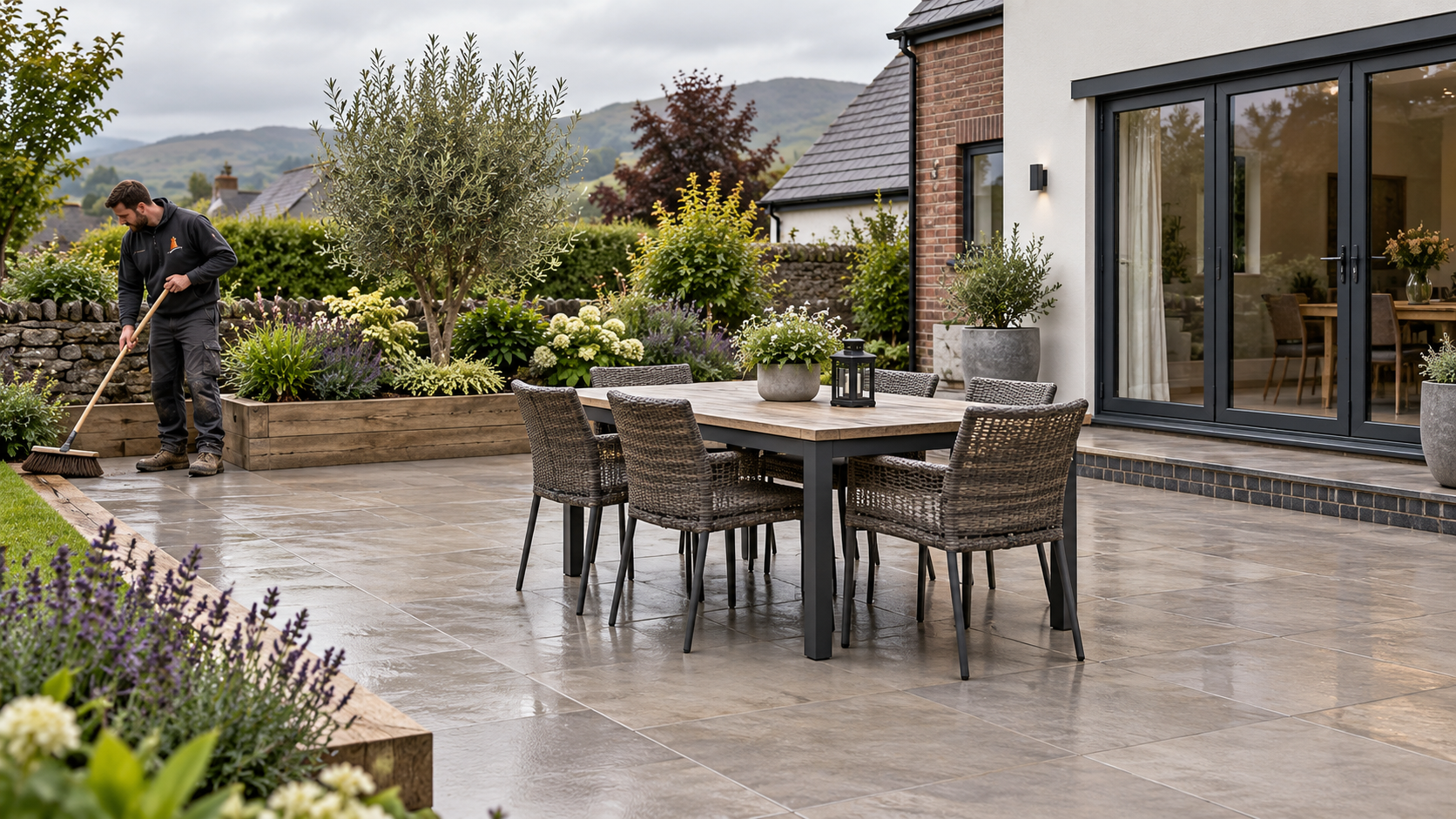 Porcelain patio and landscaped garden service illustration
